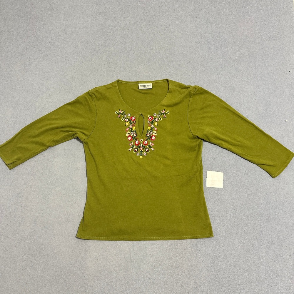 Timbuktu Station Womens Medium Green Floral Embroidered Keyhole 3/4 Sleeve